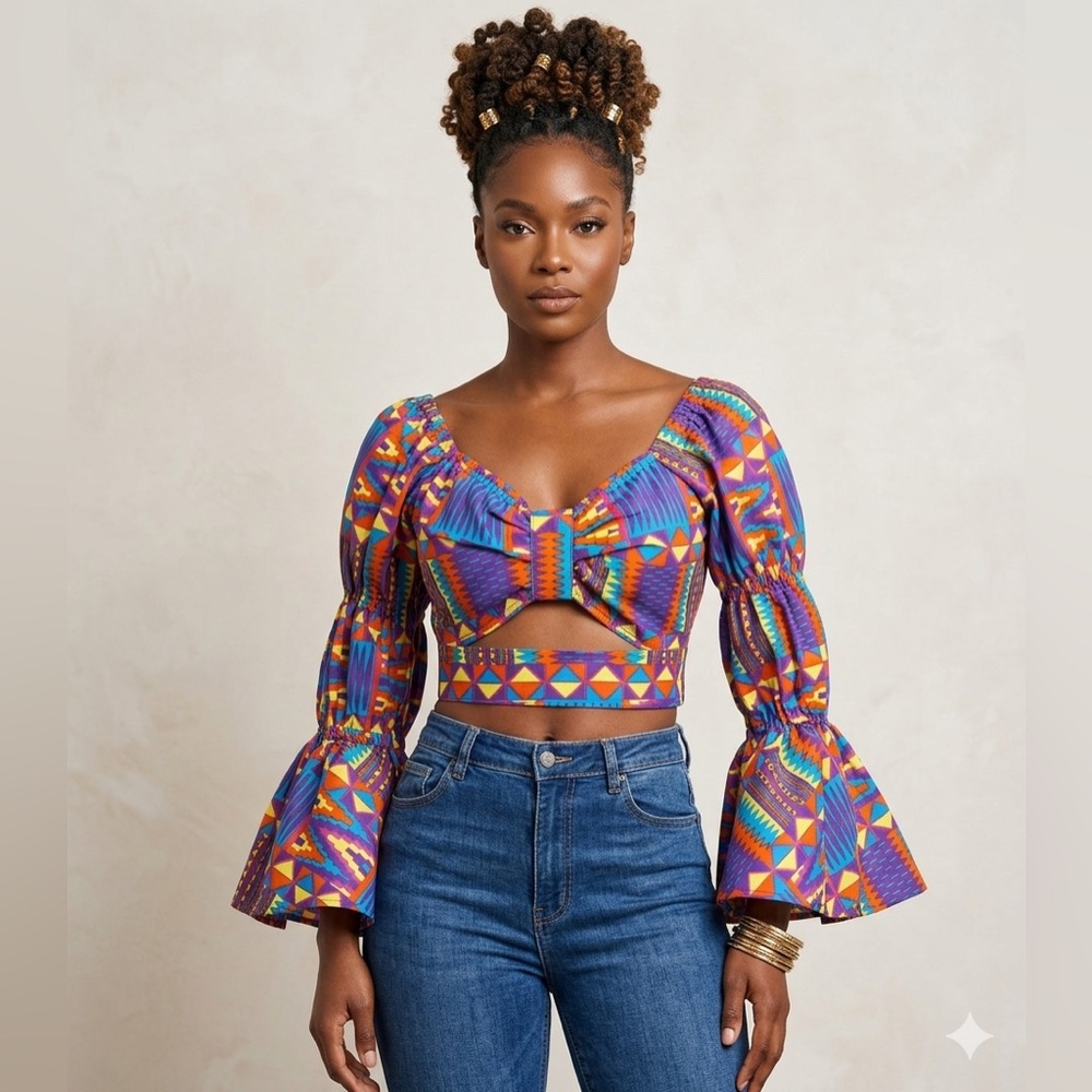 NWT Fun ELECTRIC D'lyanu Sz L Modernist African Belted Bell Sleeve Blouse Top